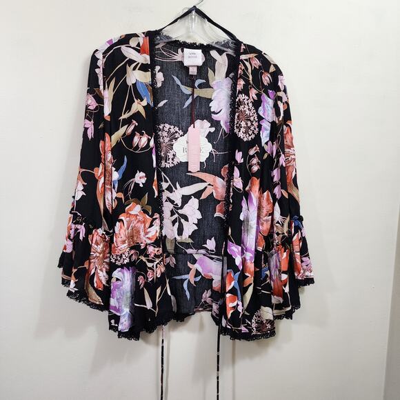 Knox Rose NWT tie front 3/4 bell sleeve floral print coverup woman's size small - Picture 13 of 13